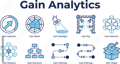 Gain analytics infographic with indicator, radar, spotlight, rig, network, structure, pathway, target icons for data analysis and performance tracking
