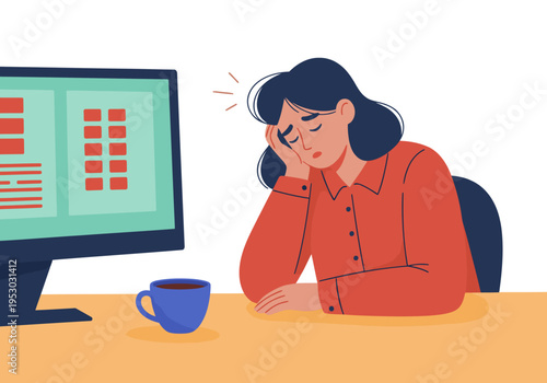 A stressed woman slumps over her desk, overwhelmed by work. She rests her head, a cup of coffee nearby. Illustrative style, conveying office sugar crash.