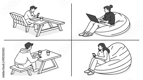 People using technology in casual settings: laptops, phones, beanbags