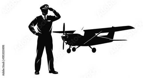 Vector silhouette of pilot standing with airplane