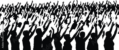 Crowd of cheering people silhouettes with raised hands celebrating event concert festival isolated on white background
