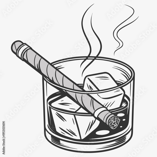 Cigar and whiskey glass with ice cubes - classic black and white vector illustration of luxury