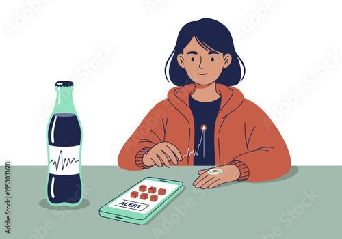 Teenager monitors glucose levels with soda and a smartphone. A modern, alert visual representing diabetes management. Focus on the device and the soda bottle.