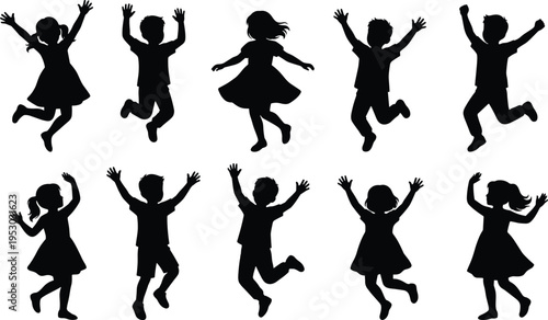 Collection of happy jumping children silhouettes with raised hands playful kids isolated on white background set