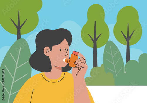 A woman uses a smart inhaler outdoors, surrounded by trees.  A peaceful wellness scene with a focus on respiratory health.  Soft, natural tones.