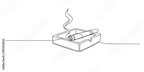 single line cigar in ashtray.continuous line drawing of burning cigar resting in tray.smoking habit concept.one line vector illustration.