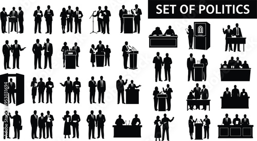 politicians silhouettes collection, political speech debate icons, government leadership figures, election campaign illustration, politics public speaking concept