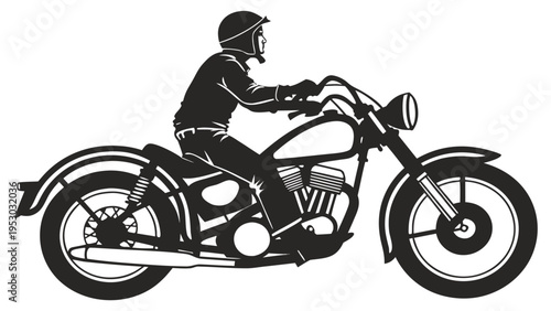 Silhouette of a person riding a classic motorcycle, side view, vector illustration