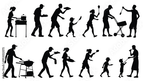 Silhouettes of families and friends enjoying a barbecue, grilling food, vector illustration