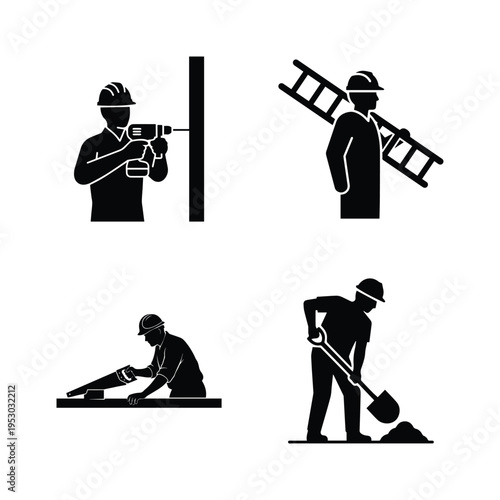 Construction Worker Professional Tasks Vector Icon Set