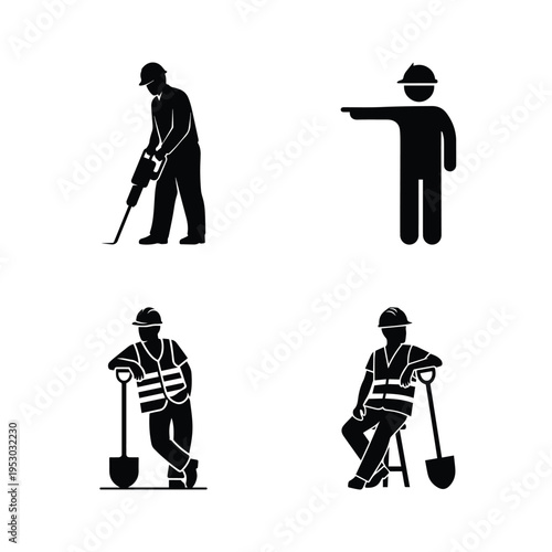 Construction Worker Site Activity Silhouettes Vector