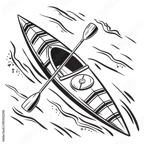 Top view of a kayak with a paddle on water, black and white graphic illustration