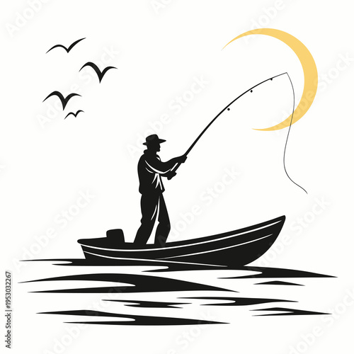 Fisherman in a boat casting a line at sunset with birds flying, silhouette