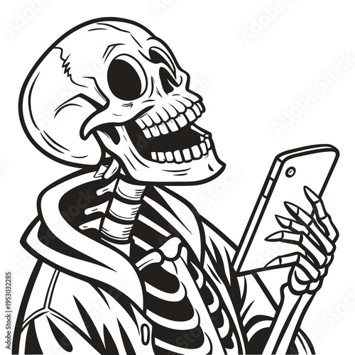 Funny skeleton using smartphone and wearing hoodie illustration - humorous digital communication