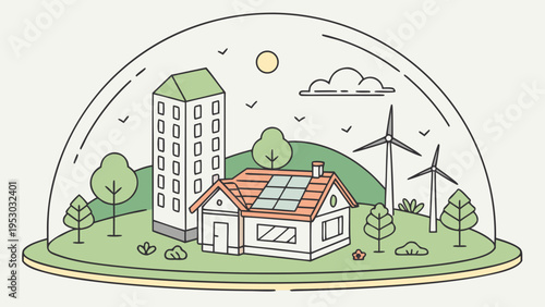 Eco-city glass dome illustration - sustainable urban environment with solar and wind power