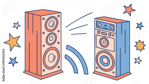 Stereo speakers with sound waves and stars - music and party entertainment illustration