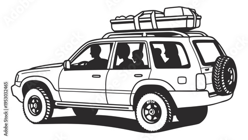 Suv with roof rack and passengers - family road trip and outdoor adventure illustration