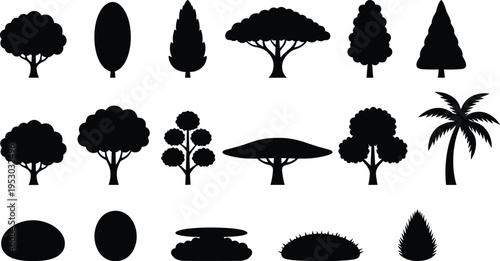 Collection of black tree and bush silhouettes including palm pine round and ornamental trees isolated on white background for landscape nature vector design set