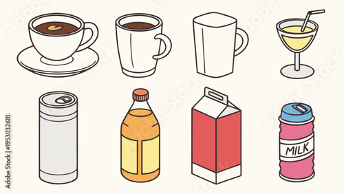 Isometric beverage containers and drinks illustration set: coffee, juice, milk, soda