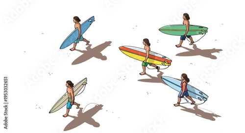 Diverse surfers walking on sandy beach carrying colorful surfboards, sunny day, summer vibes.