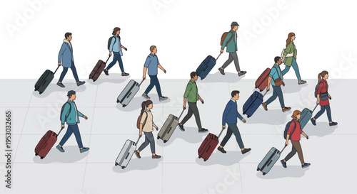 Diverse group of people with rolling luggage walking in airport or train station