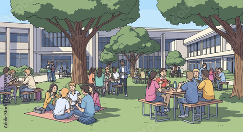 Diverse students socializing and studying in a sunny campus courtyard with trees and modern buildings