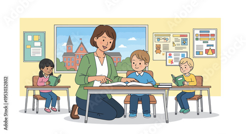 Teacher helping students in a classroom with books and educational materials