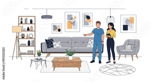 Interior Design Consultation: Couple Discussing Modern Living Room Furniture and Art