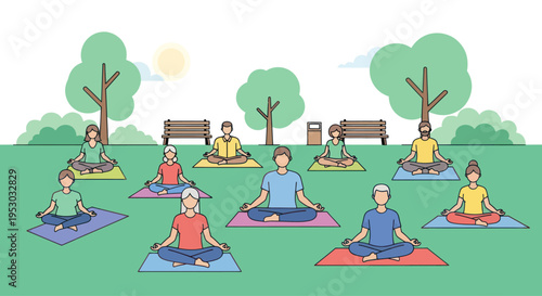 Diverse group meditating outdoors in a park with trees and benches, yoga class