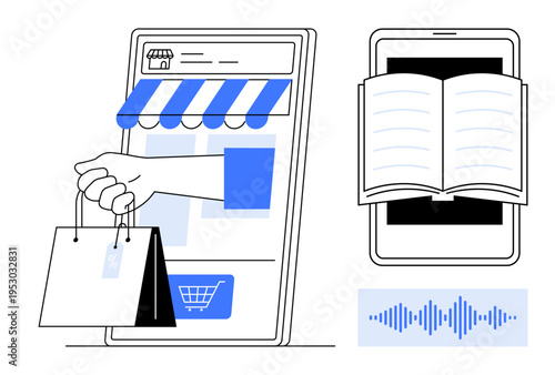 E-commerce concept. E-commerce shopping illustrated with a mobile device, cart, and bags. E-commerce blended with digital learning a book on a smartphone screen. For retail, education tech, digital