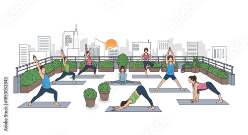Diverse group practicing yoga on a rooftop with city skyline background