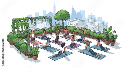 Diverse group practicing yoga on a rooftop garden with city skyline view