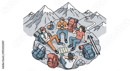 Hikers resting on mountain peak with backpacks, enjoying view after trek
