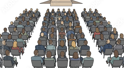 Audience seated in rows facing a stage podium at a conference or presentation event