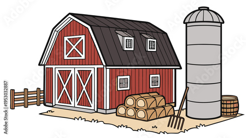 Classic cartoon red barn and silo with hay bales and fence farm scene illustration