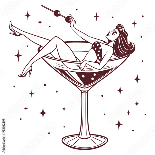 Retro pinup woman in bikini posing inside a giant martini cocktail glass. party nightlife fun