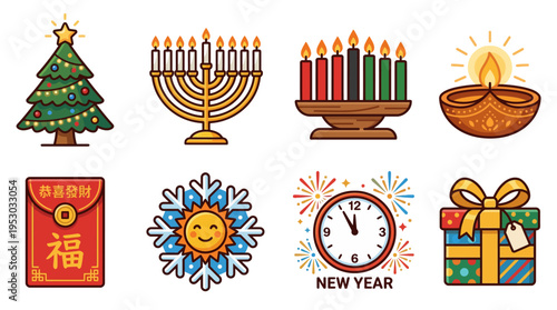 Multicultural Winter Holiday Celebration Icon Set for Global Festivals