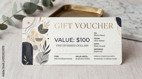 Gift voucher for one hundred dollars valid until expiration date for service or experience