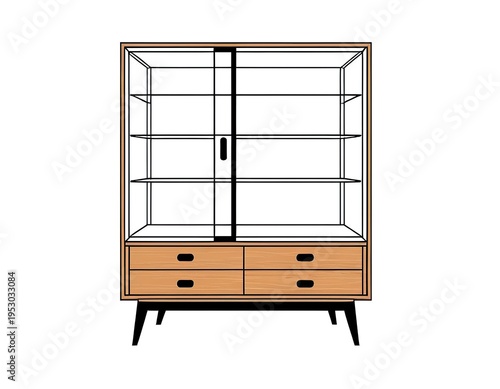 A wooden cabinet with glass doors and drawers, perfect for storing small items