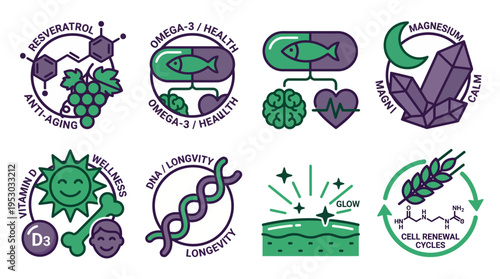 Nutritional Supplements Longevity and Health Vitamin Icon Set