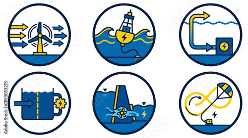 Six Flat Icons Representing Different Renewable Marine Energy Technologies