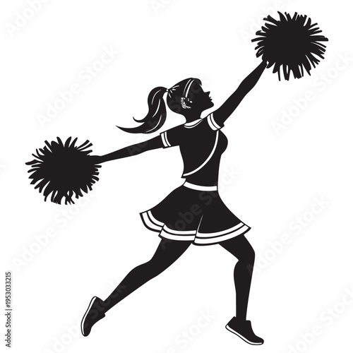 Silhouette of a cheerful cheerleader posing with pom-poms and dynamic pose with high school