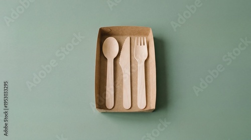 Set of wooden cutlery on a plain green background in a small box during daylight hours