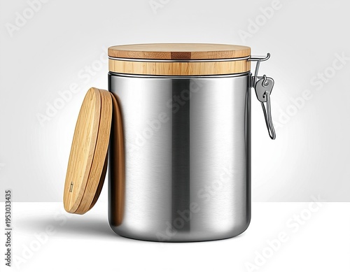 A stainless steel container with a wooden top, ideal for storing food or utensils