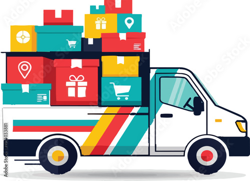 Vector illustration of a cartoon delivery truck and cargo lorry set for transportation service icons