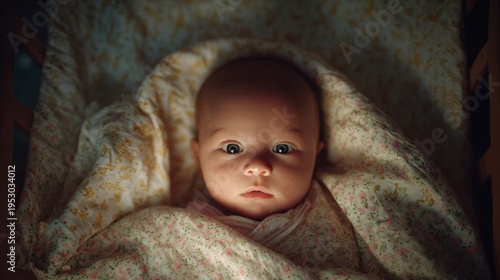 Baby lying in a crib covered with a floral blanket during the day in a softly lit room with curious eyes watching