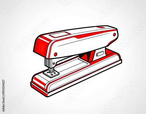 A close-up shot of a red and white stapler on a white background