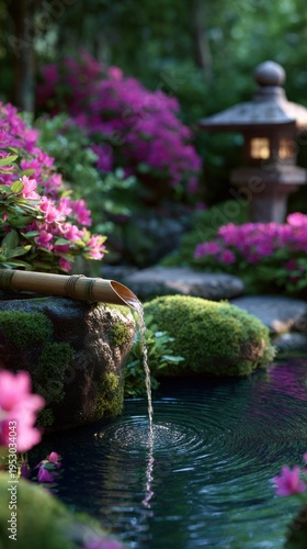 Garden fountain flows into pond surrounded by flowers and lantern at twilight in a park