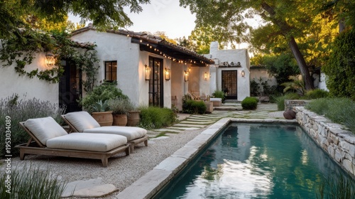 Relaxing evening by the pool of a modern house with a garden and outdoor seating area in a quiet neighborhood