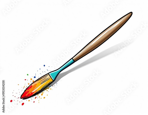 A close-up of a paintbrush with a wooden handle on a white surface, perfect for art and craft projects